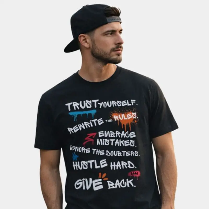 Man wearing black motivational slogan T-shirt and cap