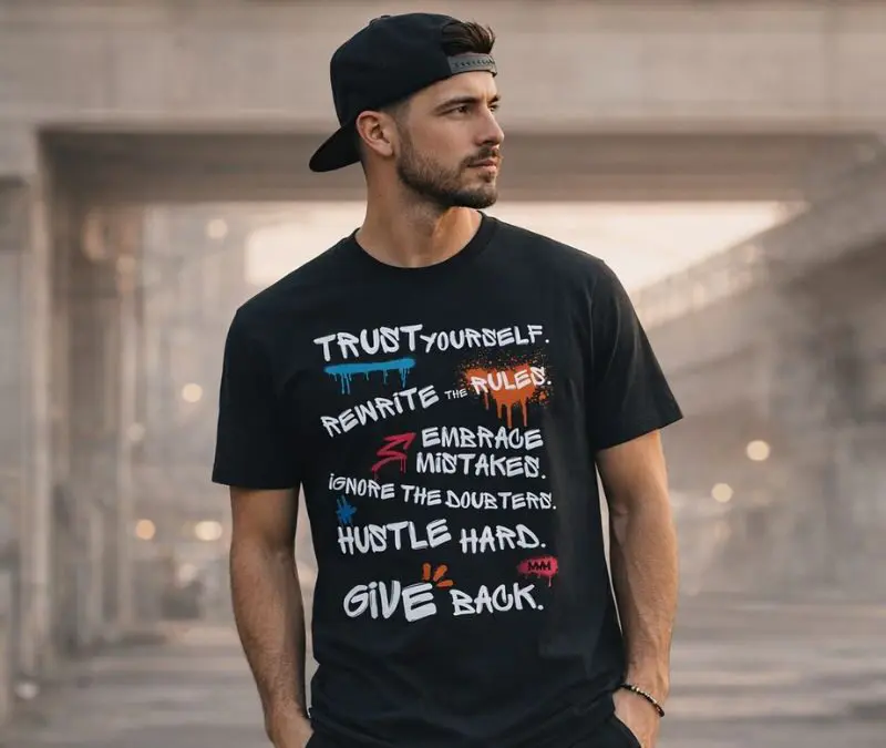 Man wearing inspirational quote t-shirt standing under bridge.