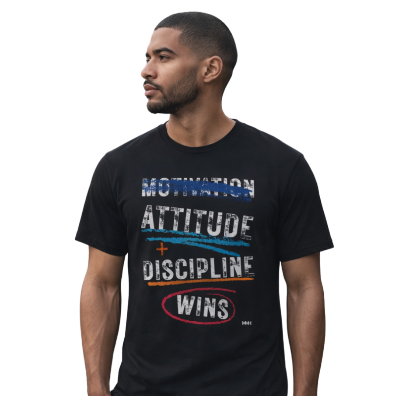 Man in motivational quote t-shirt on black background.