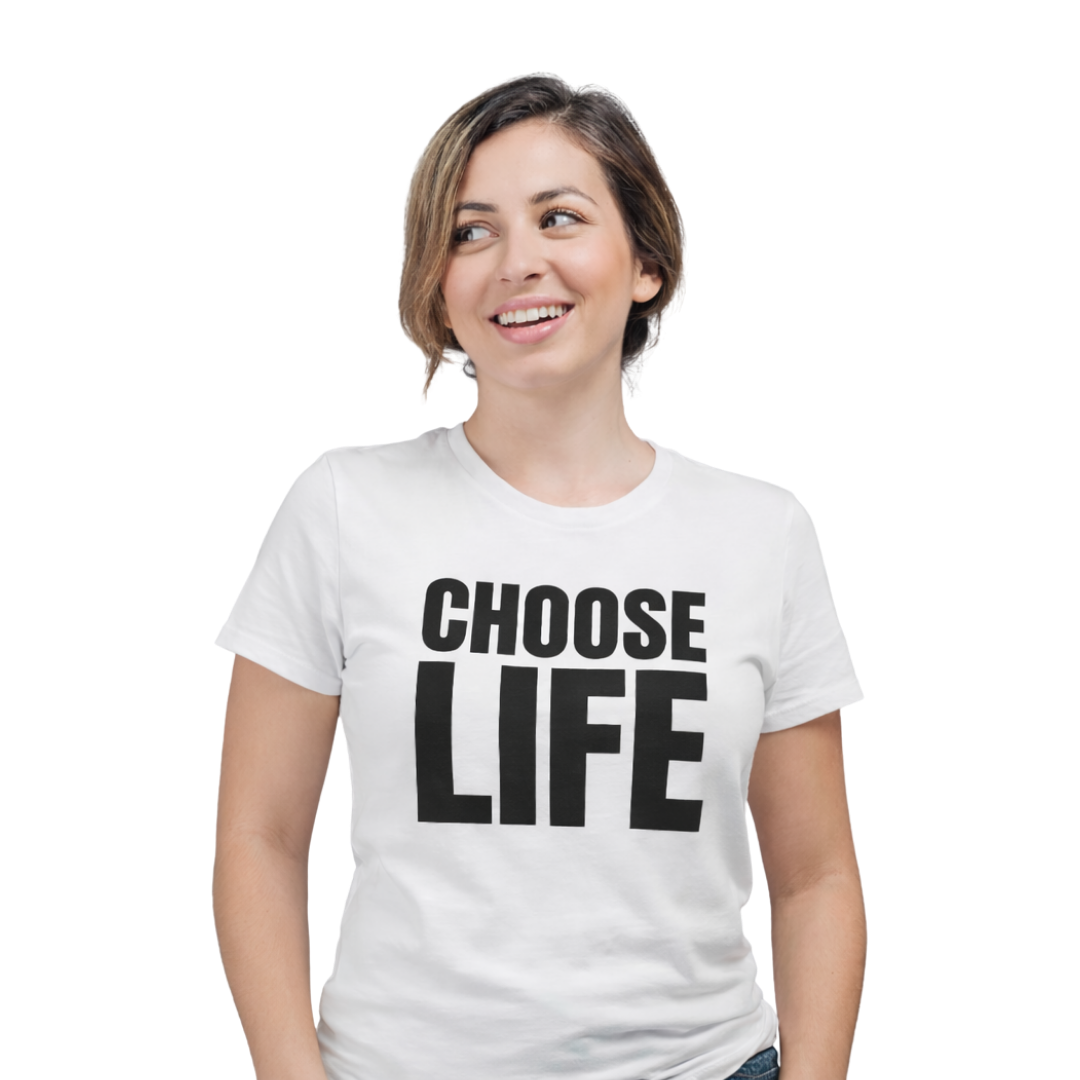 Person wearing 'Choose Life' T-shirt smiling.