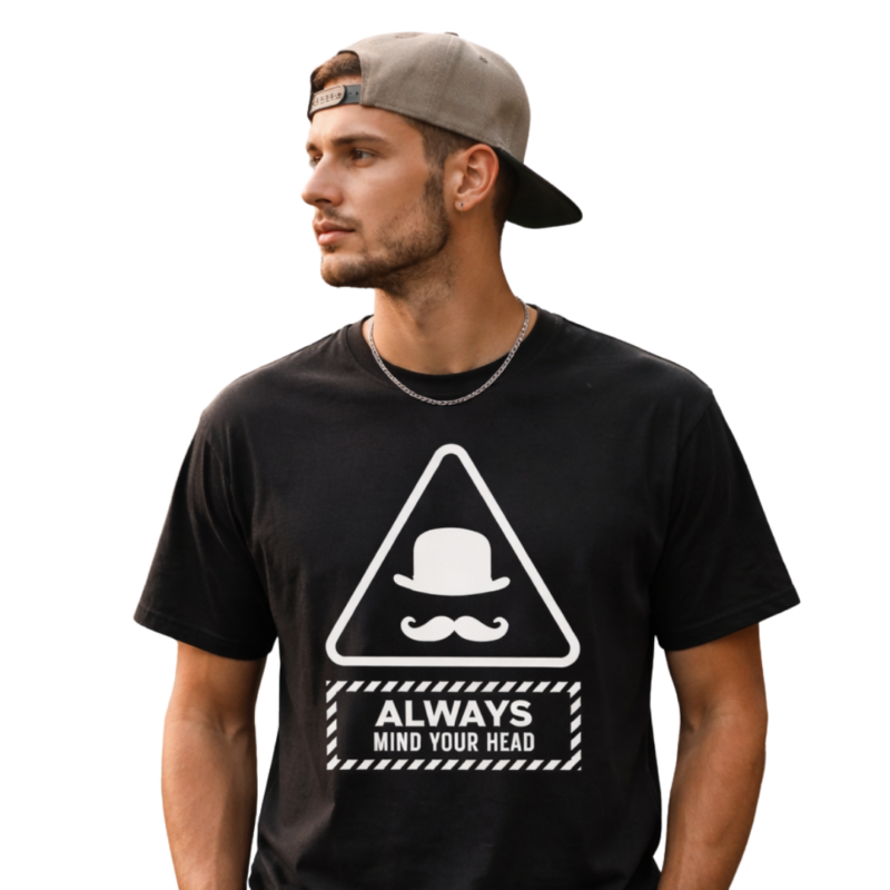 man wearing an always mind your head with a bowler hat tee in white
