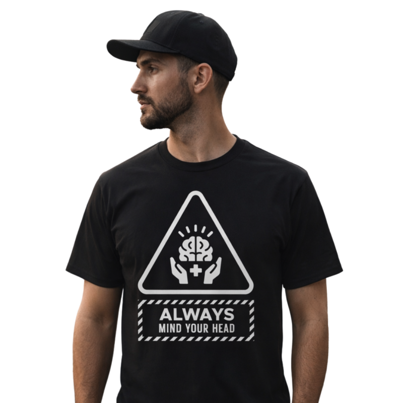 Man wearing 'Always Mind Your Head' t-shirt and cap.