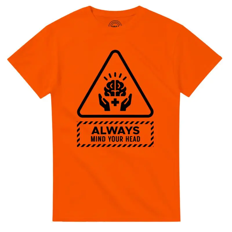 Orange T-shirt - "Always Mind Your Head Tee (Brain)" by MMH Statement Apparel