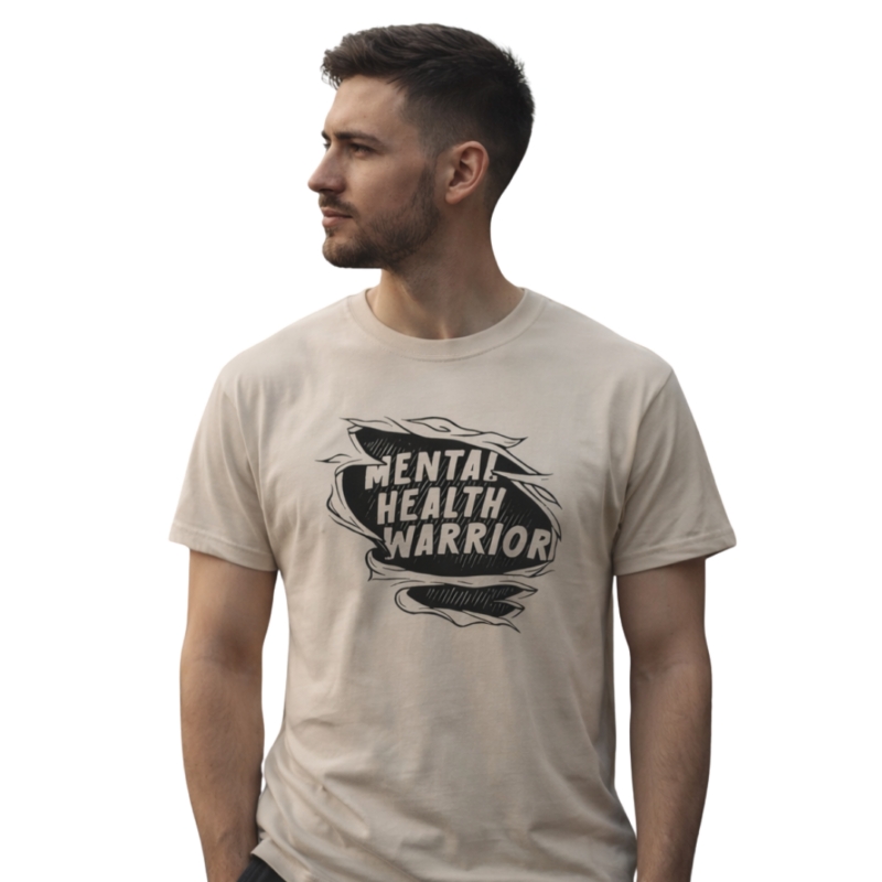 Person wears 'Mental Health Warrior' T-shirt.