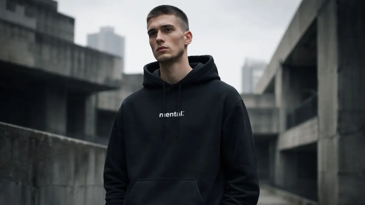 Person in black hoodie in urban setting.