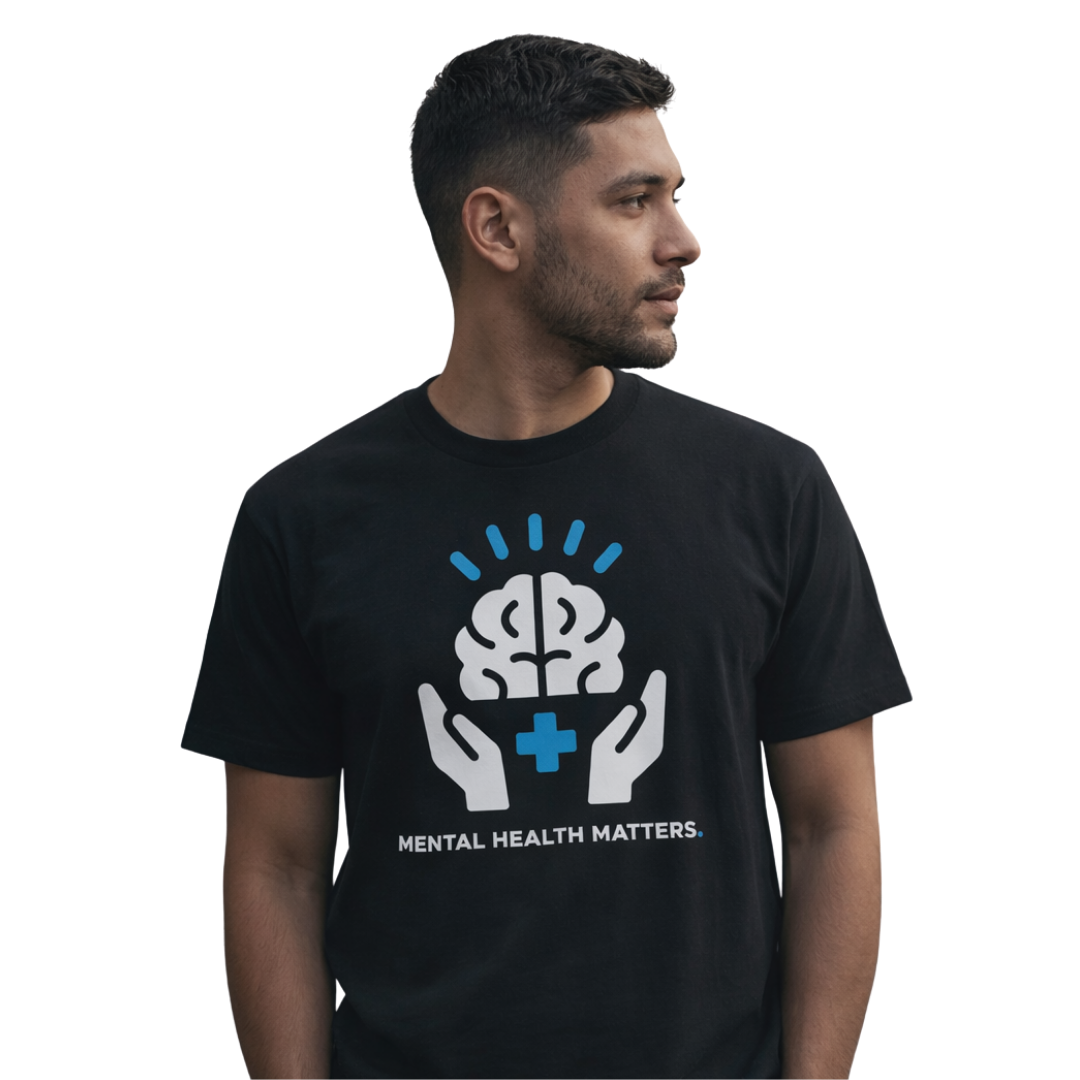 Man wearing mental health awareness t-shirt.