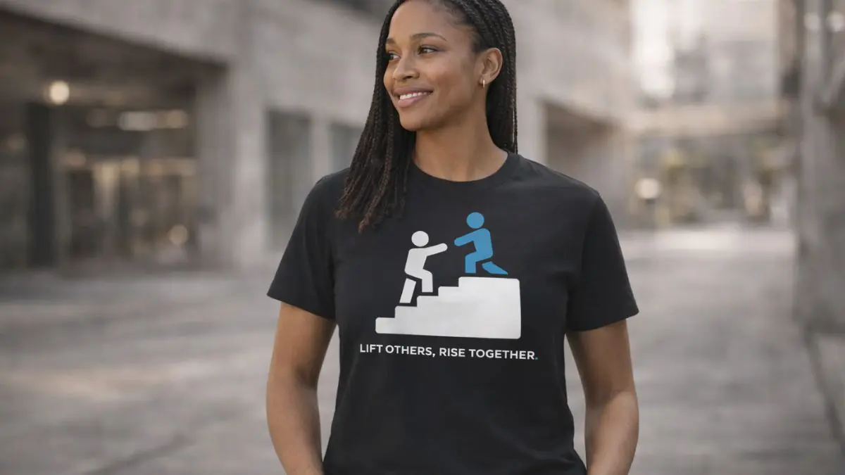Woman wearing motivational shirt outdoors.