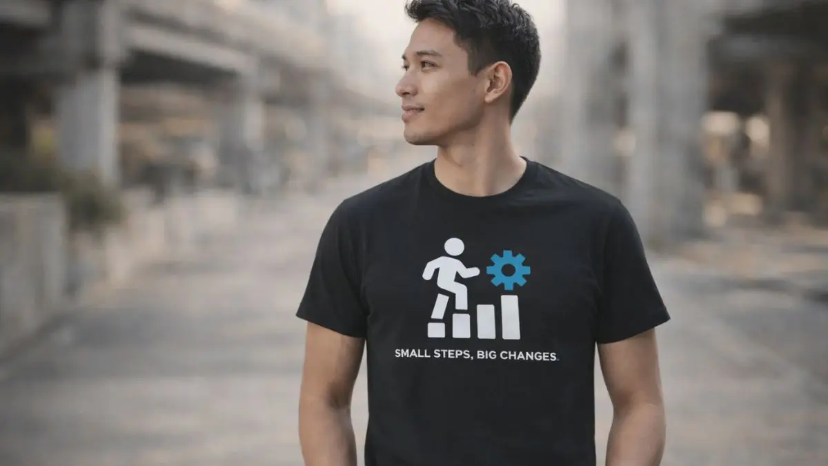 Man in motivational T-shirt outdoors.