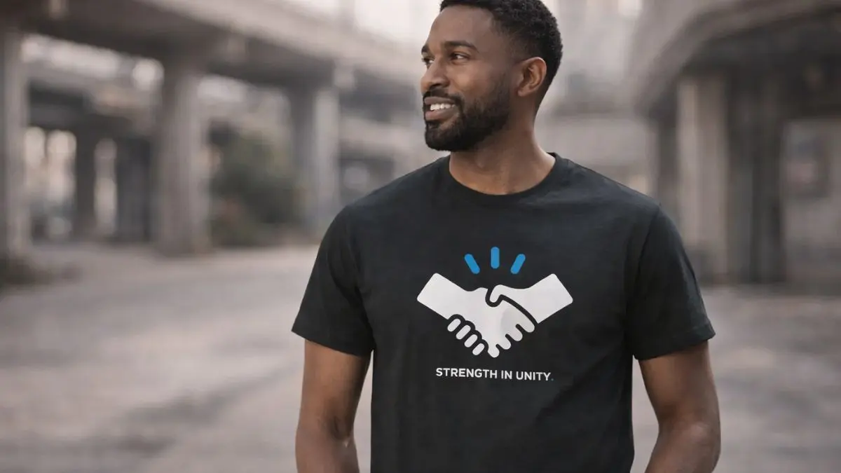 Man wearing handshake t-shirt promoting unity message.