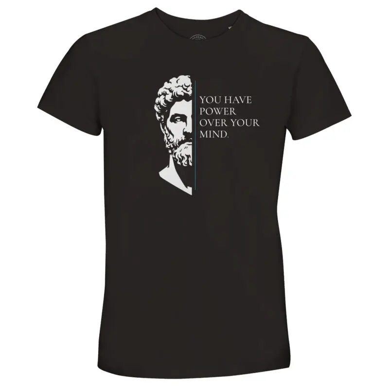 Deep Black T-shirt - "Marcus Aurelius Stoic Quote T-Shirt – Power Over The Mind" by MMH Statement Apparel