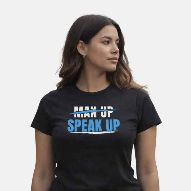 Woman in t-shirt with 'Speak Up' message.
