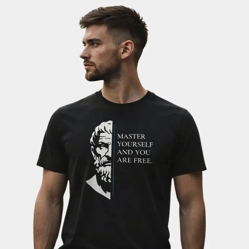Man wearing a stoic quote T-shirt.