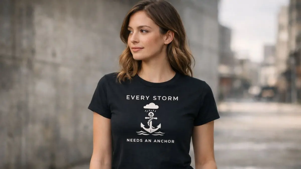 Woman wearing 'Every storm needs an anchor' T-shirt
