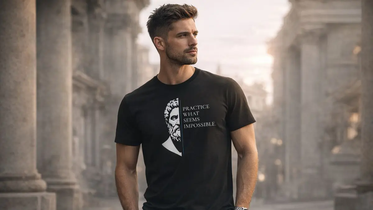 Man wearing black shirt with motivational quote.