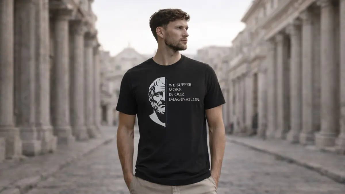 Man wearing graphic T-shirt on ancient city street.