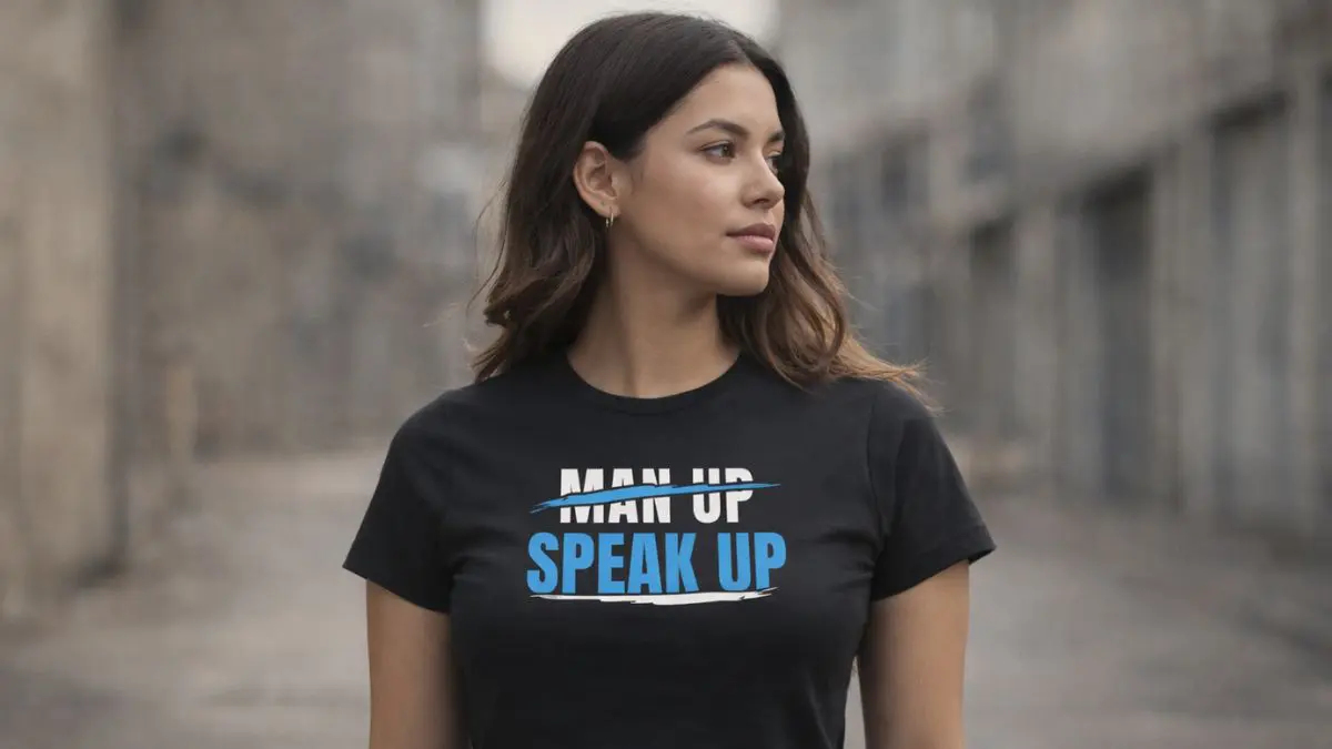 Woman wearing 'Speak Up' T-shirt in urban setting.