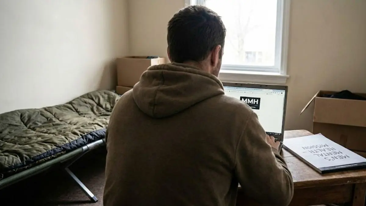 Rear view of a person wearing an olive green baseball cap with "MMH" embroidered on the back, sitting in a circle with two other men in a support group setting.