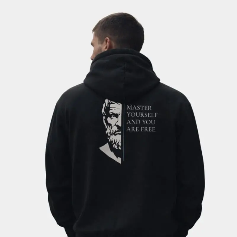 Man wearing black hoodie with philosophical quote