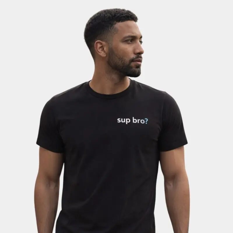 Man wearing black 'sup bro?' T-shirt