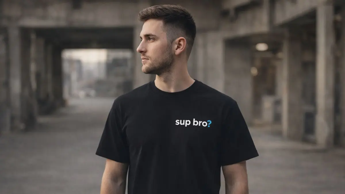 Man in black t-shirt with 'sup bro?' text.