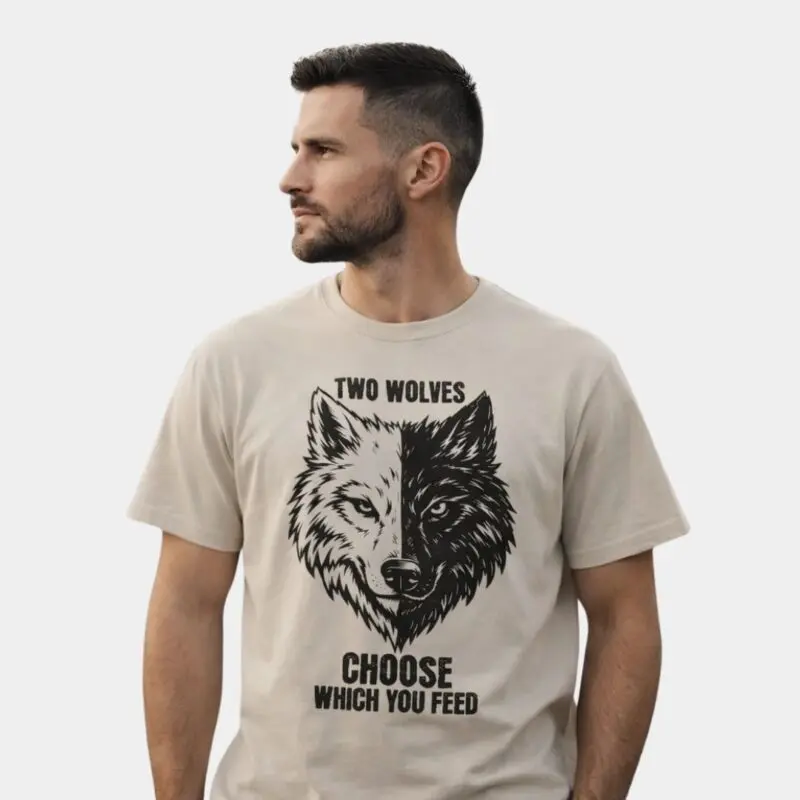 Man wearing a two wolves graphic t-shirt