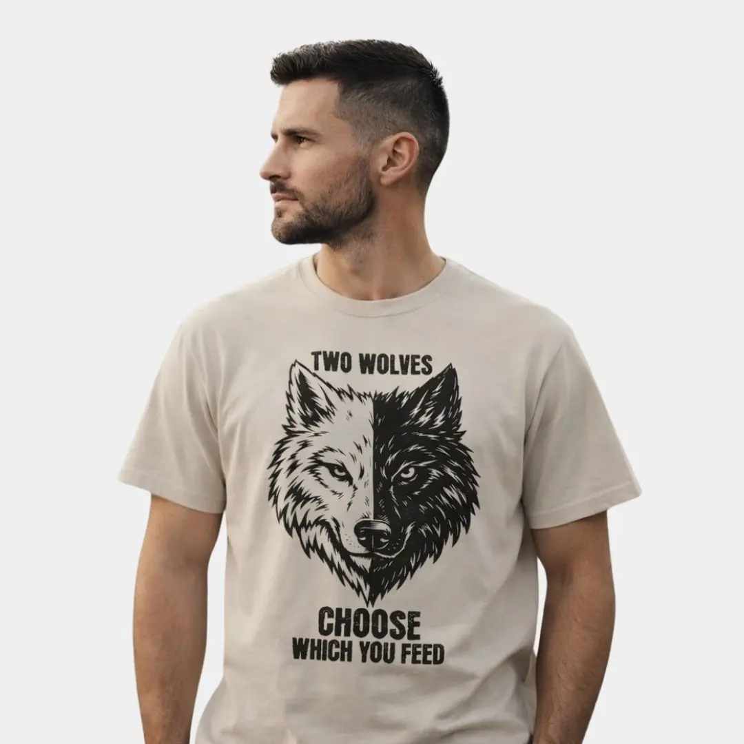 Man wearing a two wolves graphic t-shirt