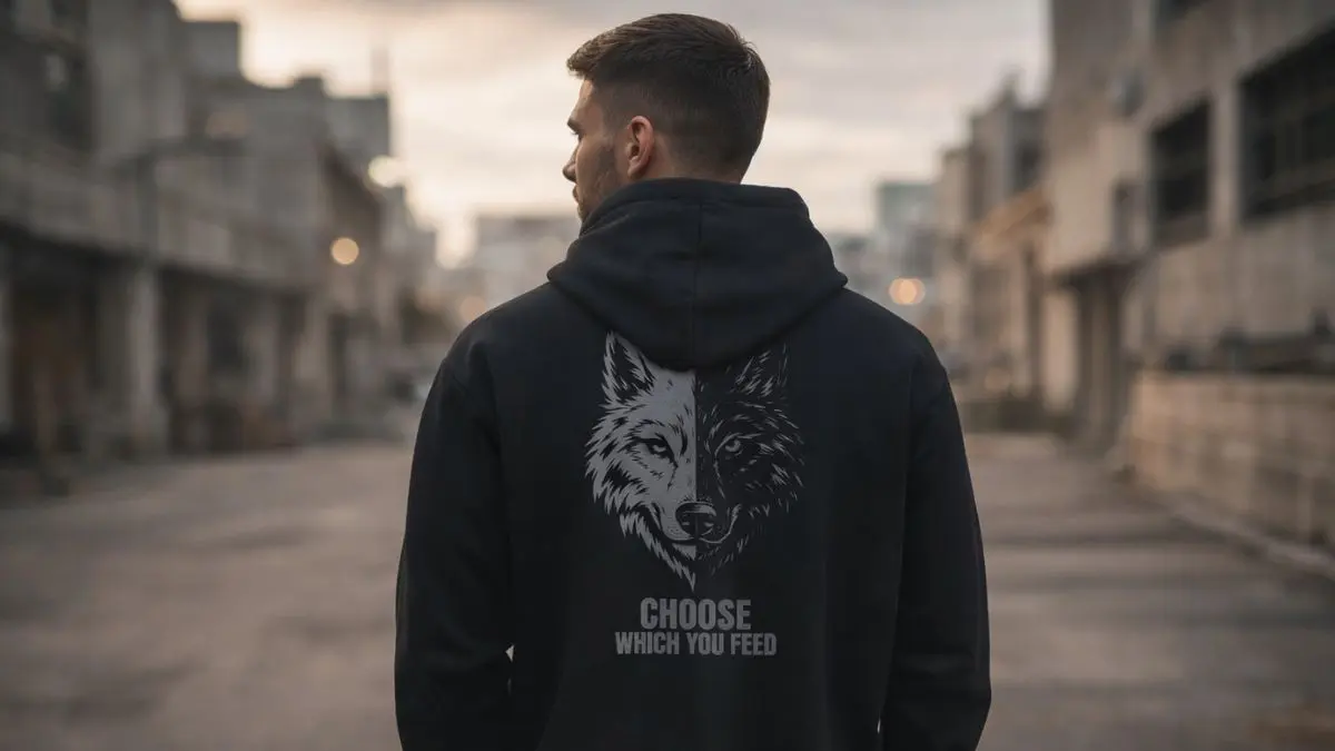 Man wearing wolf hoodie in urban setting.