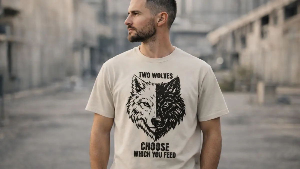 Man wears 'Two Wolves' motivational T-shirt in street.