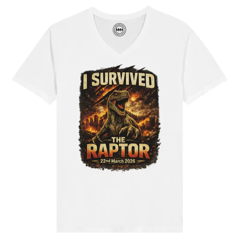 White T-shirt - "I Survived The Raptor Premium Unisex V-Neck T-shirt" by MMH Statement Apparel