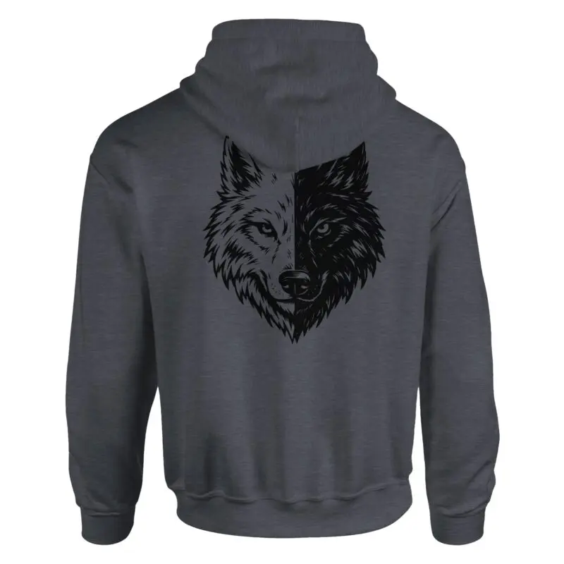 Dark Heather Hoodie - "Two Wolves Graphic Pullover Hoodie - Back Print" by MMH Statement Apparel