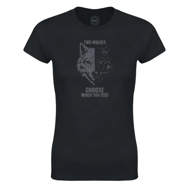 Black T-shirt - "Two Wolves Women's T-shirt" by MMH Statement Apparel