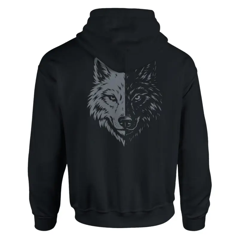 Black Hoodie - "Two Wolves Graphic Pullover Hoodie - Back Print" by MMH Statement Apparel