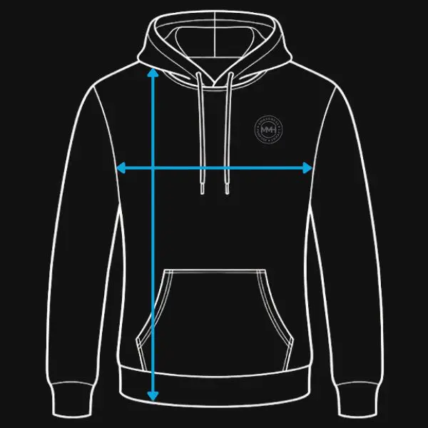 Hoodie size guide illustration with measurements