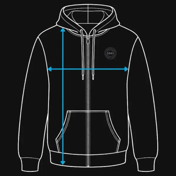 Hoodie dimensions illustration, arrows indicating measurements.