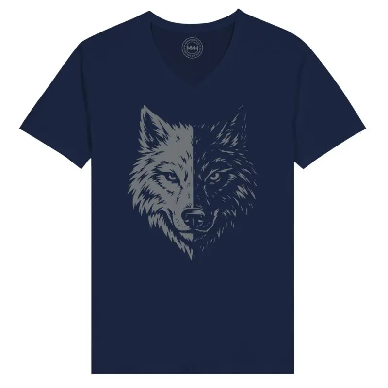 Navy T-shirt - "Two Wolves Graphic Unisex V-Neck T-Shirt" by MMH Statement Apparel