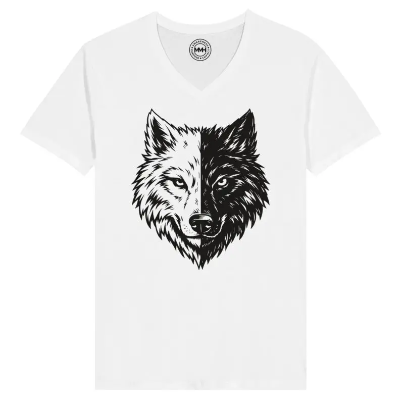 White T-shirt - "Two Wolves Graphic Unisex V-Neck T-Shirt" by MMH Statement Apparel