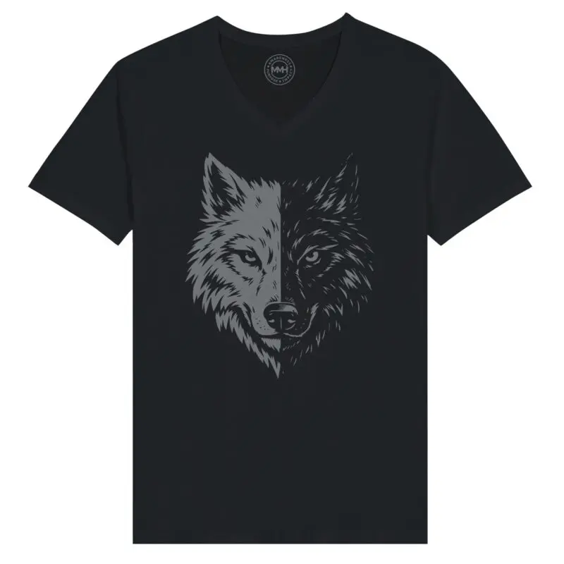 Black T-shirt - "Two Wolves Graphic Unisex V-Neck T-Shirt" by MMH Statement Apparel