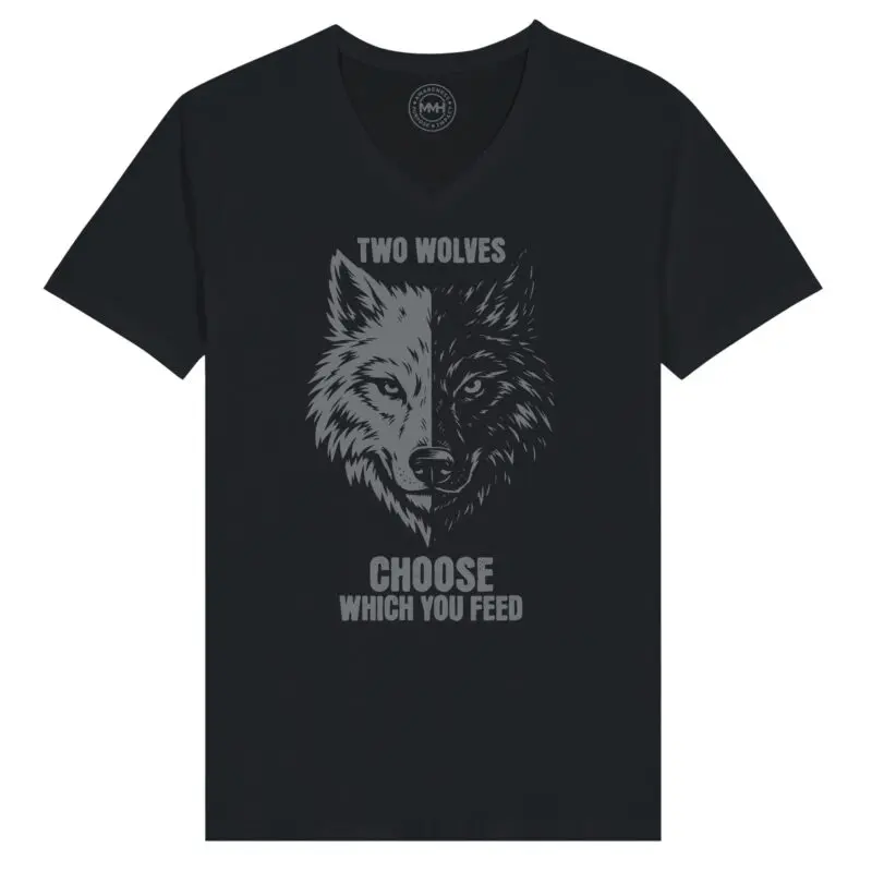 Black T-shirt - "Two Wolves Premium V-Neck T-Shirt" by MMH Statement Apparel