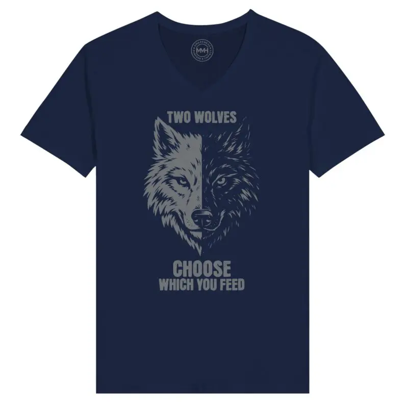 Navy T-shirt - "Two Wolves Premium V-Neck T-Shirt" by MMH Statement Apparel