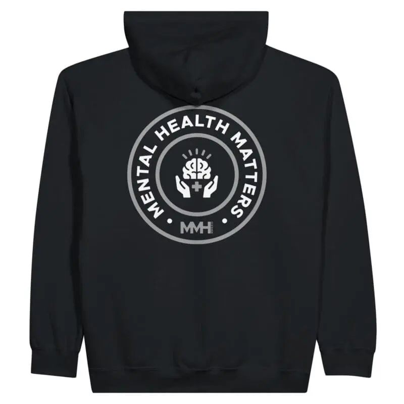 Black hoodie with Mental Health Matters logo