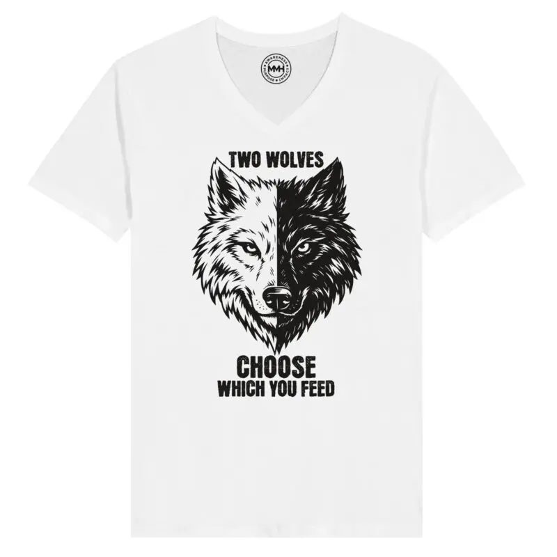 White T-shirt - "Two Wolves Premium V-Neck T-Shirt" by MMH Statement Apparel