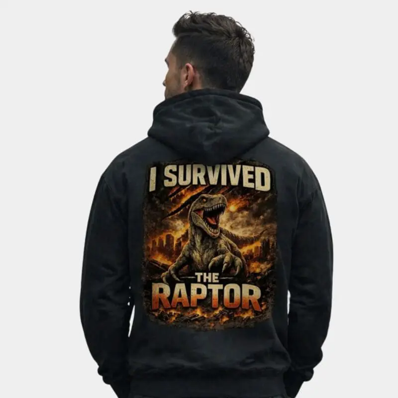 Man wearing hoodie with raptor survival graphic
