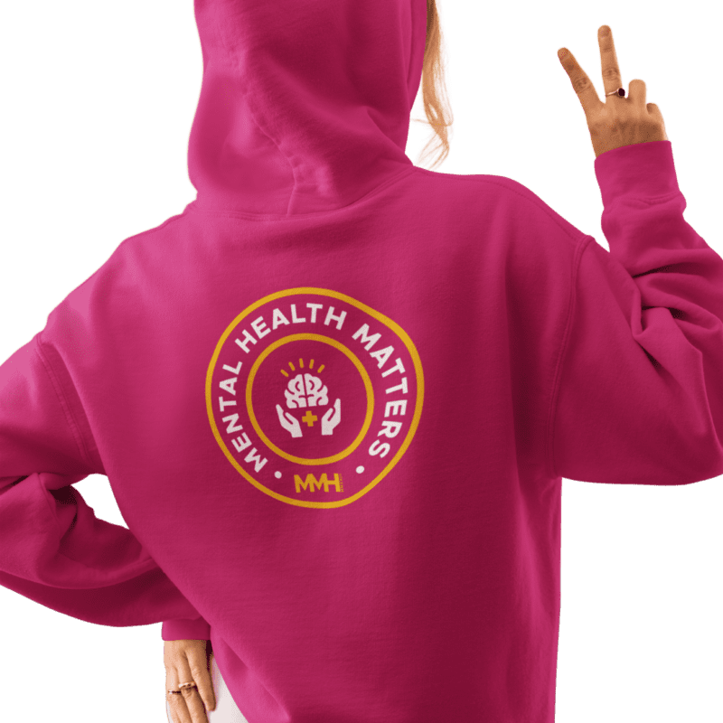 Pink hoodie with Mental Health Matters logo.