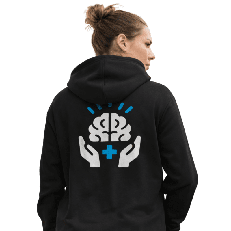Woman wearing hoodie with brain and hands design